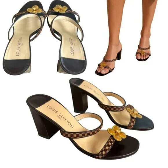 90'S‎ Y2K VINTAGE LOUIS VUITTON STRAPPY FLOWER CHECKER FUR SLIDES HEELS SZ. 7 - Picture 2 of 6